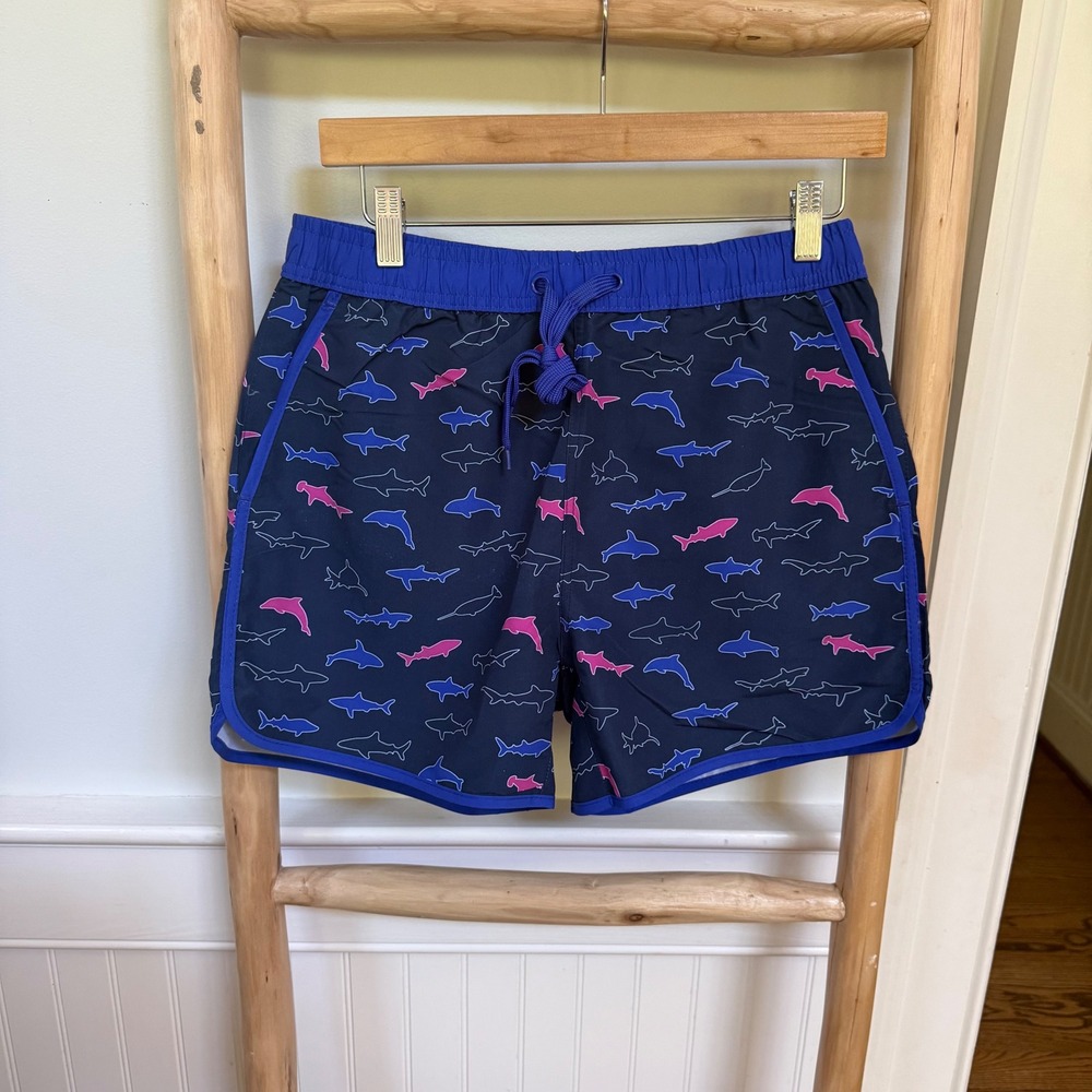 Mens Shark Print Swim Trunks Navy Blue Pink Mesh‎ Lined Size S NEW